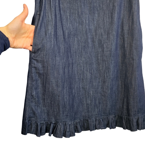 S Max Mara Denim Sleeveless Shift Dress Size US 6 Cotton Ruffle Hem Pockets - Picture 9 of 13